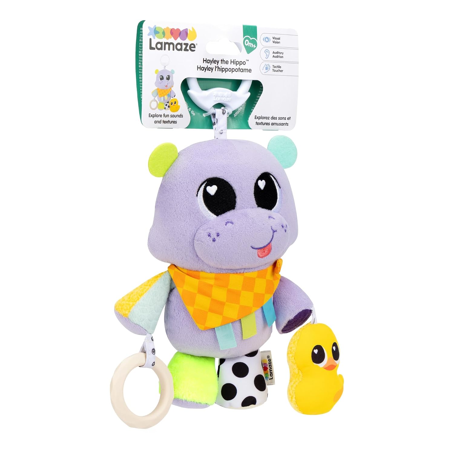 Lamaze Hayley the Hippo Clip On, Baby Sensory Toy with Clip for Pram, Pushchair and Car Seat, Teether, Squeaky Duck, Jingle Sounds, Soft Textures and High Contrast Colours, 0 to 6 Months