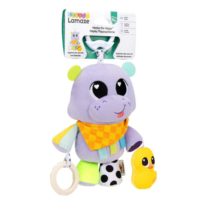 Lamaze Hayley the Hippo Clip On, Baby Sensory Toy with Clip for Pram, Pushchair and Car Seat, Teether, Squeaky Duck, Jingle Sounds, Soft Textures and High Contrast Colours, 0 to 6 Months