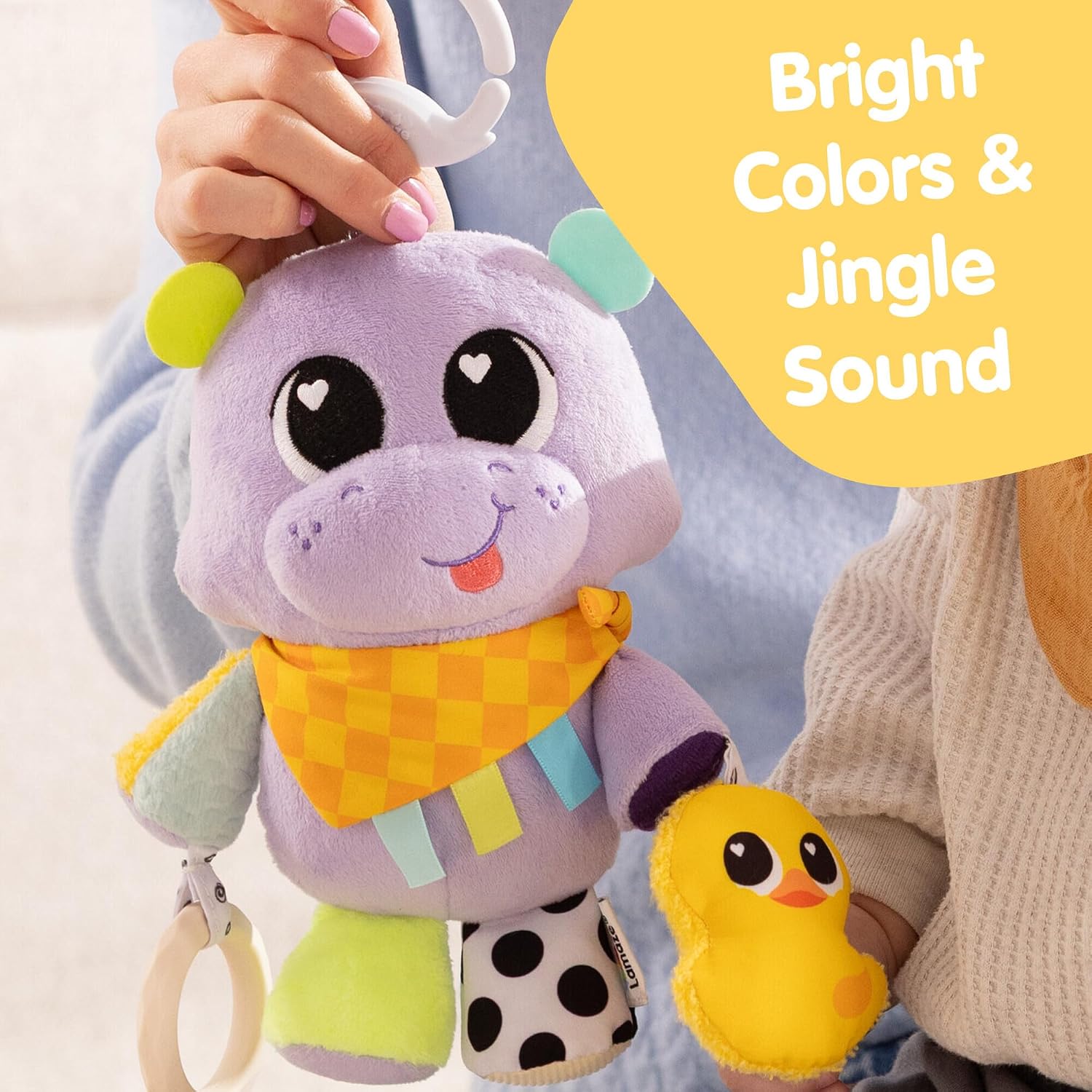 Lamaze Hayley the Hippo Clip On, Baby Sensory Toy with Clip for Pram, Pushchair and Car Seat, Teether, Squeaky Duck, Jingle Sounds, Soft Textures and High Contrast Colours, 0 to 6 Months
