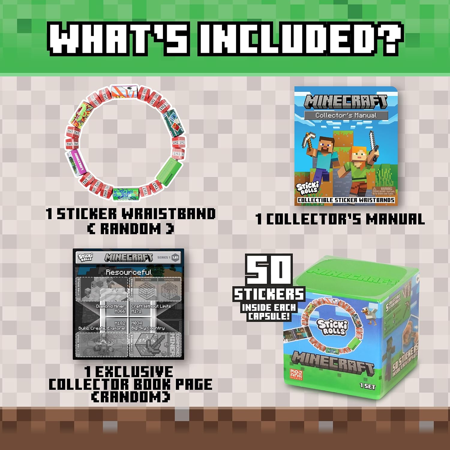 Sticki Rolls Minecraft Mystery Capsule – Officially Licensed Wristband with 50 Holographic Stickers, 4 Rarity Levels to Collect