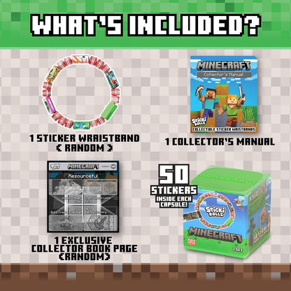 Sticki Rolls Minecraft Mystery Capsule – Officially Licensed Wristband with 50 Holographic Stickers, 4 Rarity Levels to Collect