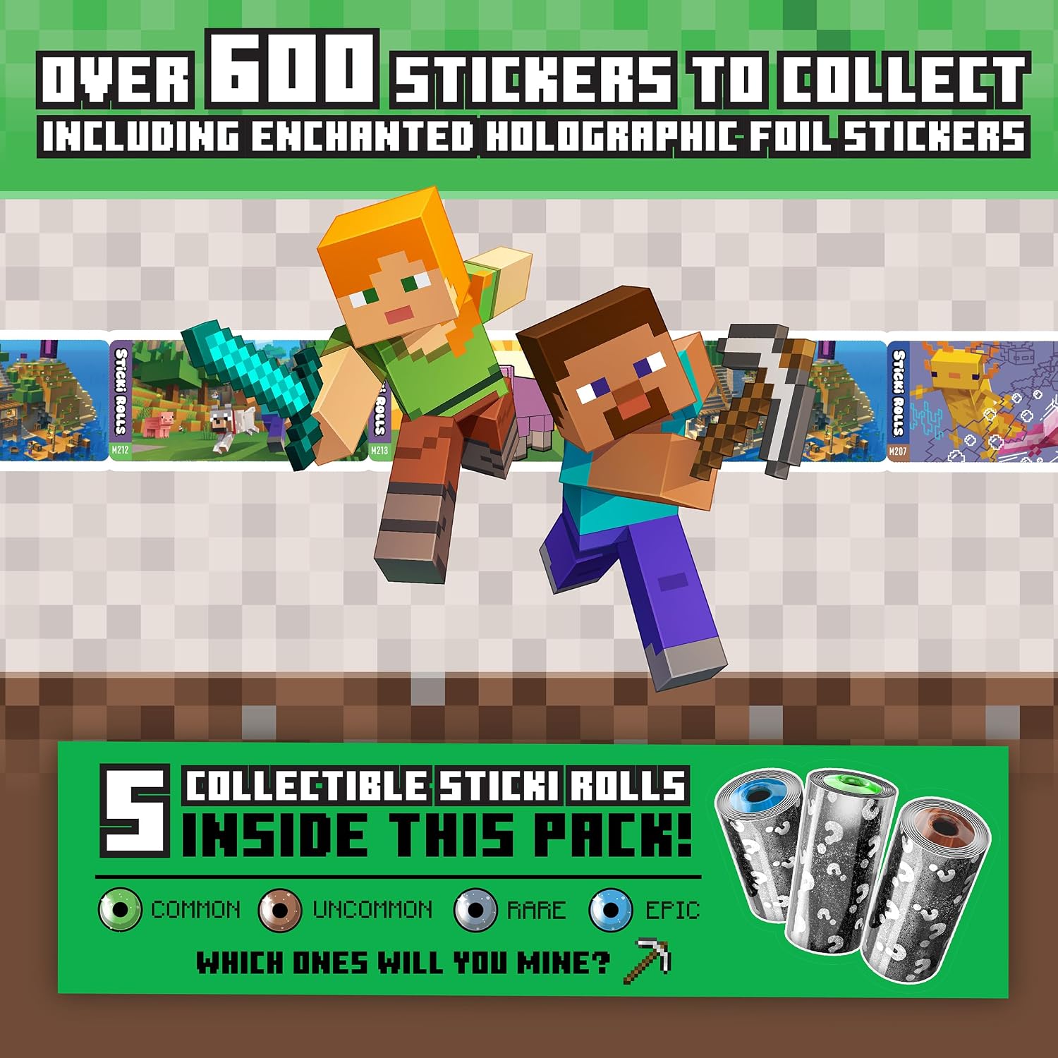 Sticki Rolls Minecraft Mystery Capsule – Officially Licensed Wristband with 50 Holographic Stickers, 4 Rarity Levels to Collect
