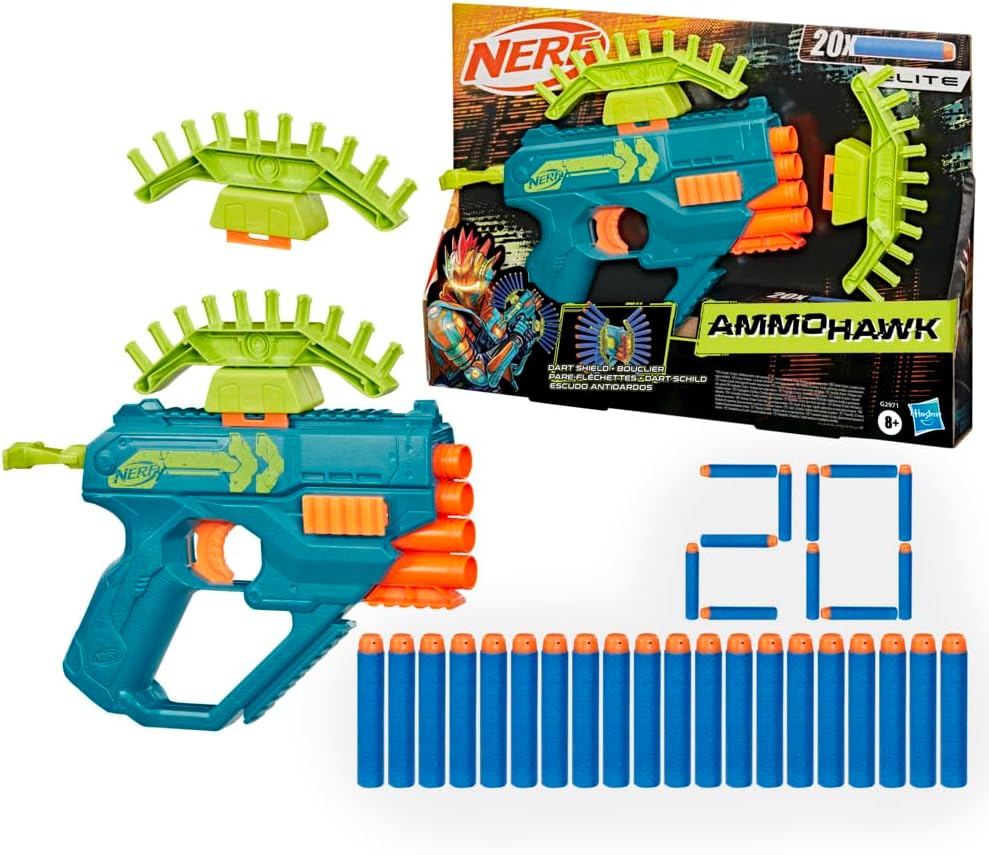 Nerf Rebel Ops Ammohawk Blaster with 20 Nerf Elite Foam Darts & 2 Dartshield Attachments, Children's Gift Toys, Ages 8+
