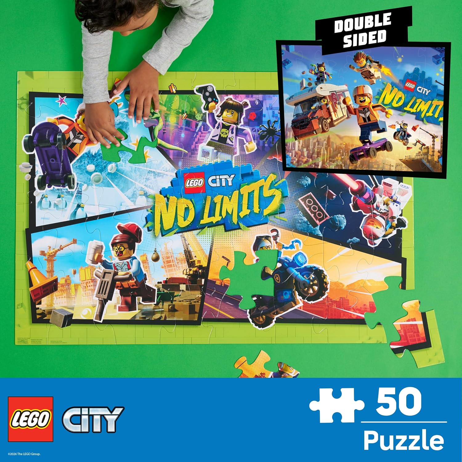 Puzzle de Sol Recto-Verso Lego City No Limits par Just Play, 50 pièces | Grand format 60 x 88 cm, scène d’action LEGO City, très coloré, dès 4 ans