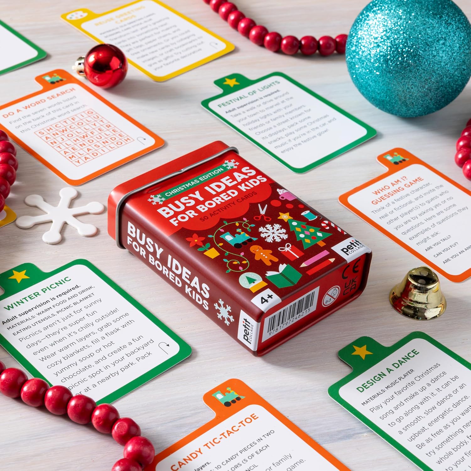 Petit Collage- Busy Ideas for Bored Kids: Christmas Edition | Active, Creative, and Silly Activity Cards, Stocking Stuffer for Ages 4+, Ideas for School Holiday Break, Travel Friendly