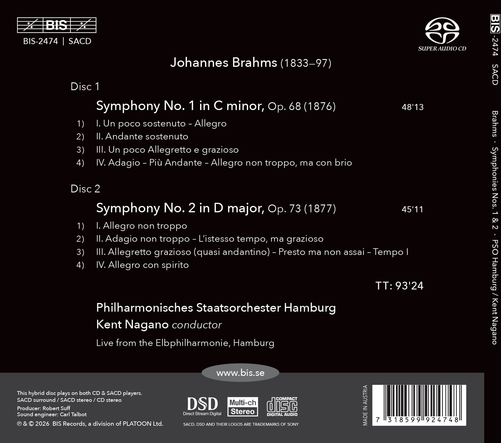 Johannes Brahms: Symphonies Nos. 1 & 2