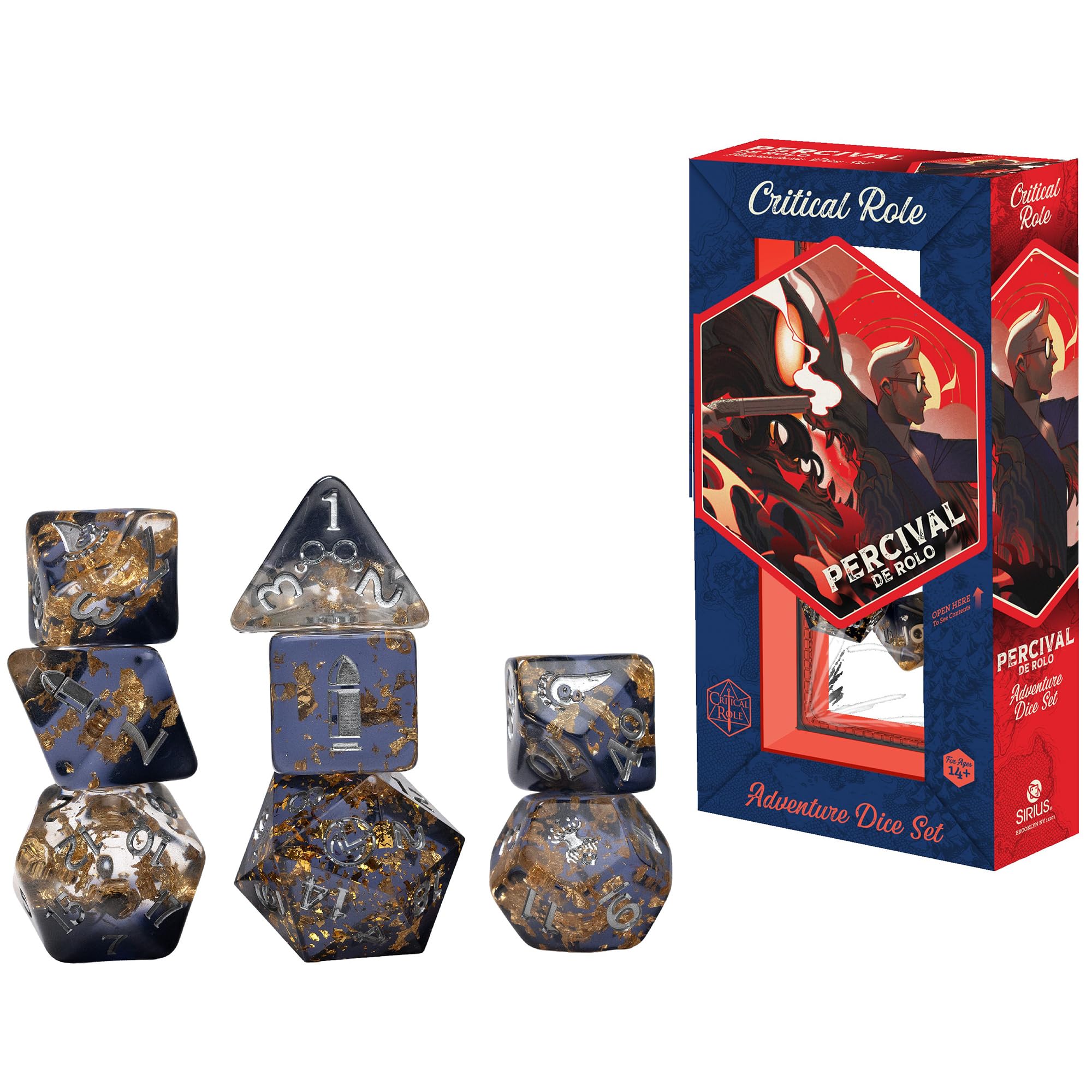 Critical Role: Vox Machina: Adventure Dice - Percival de Rolo - 8pc RPG Set, Dark Blue-Gold, Character Symbols, Collectible Roleplaying Game Accessory