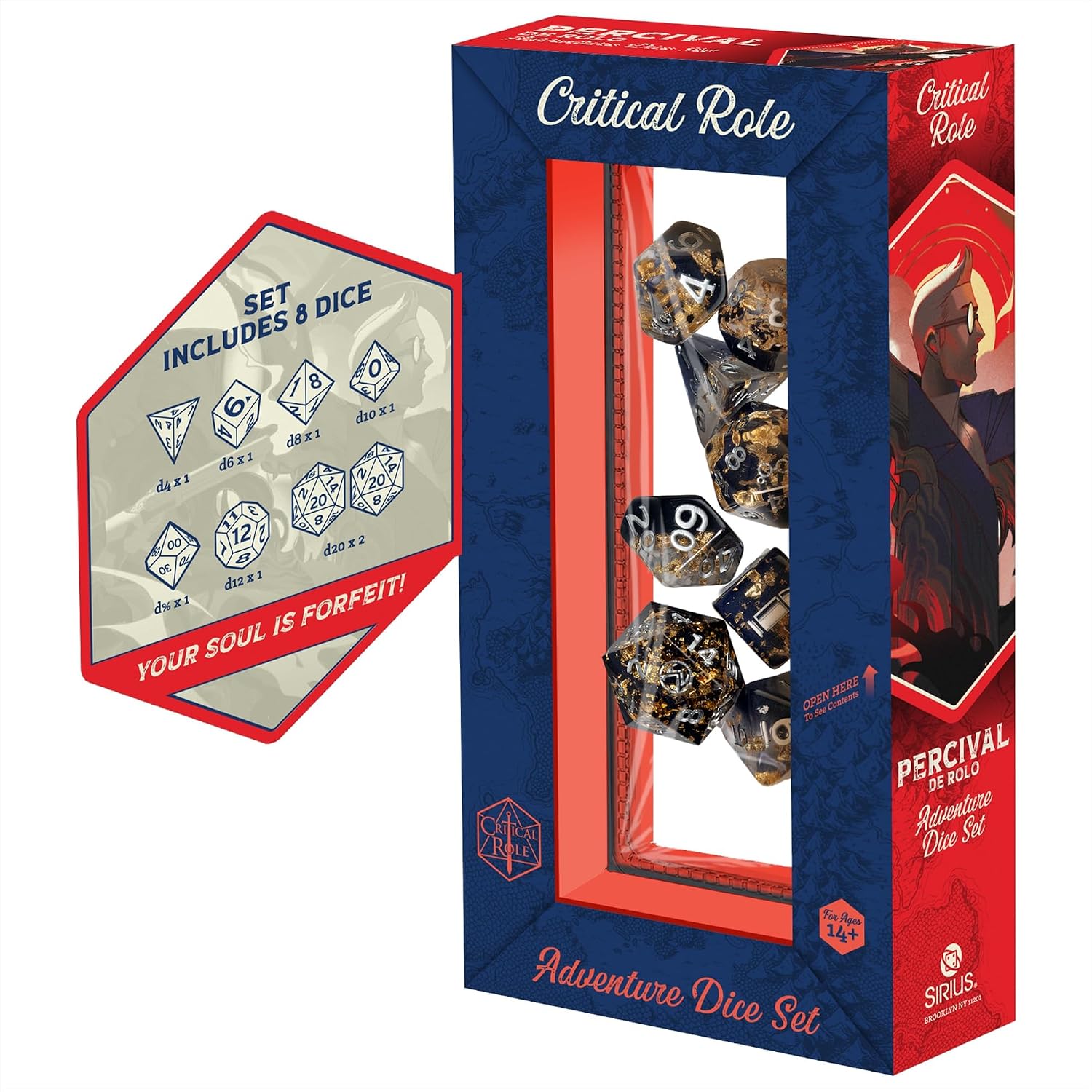 Critical Role: Vox Machina: Adventure Dice - Percival de Rolo - 8pc RPG Set, Dark Blue-Gold, Character Symbols, Collectible Roleplaying Game Accessory