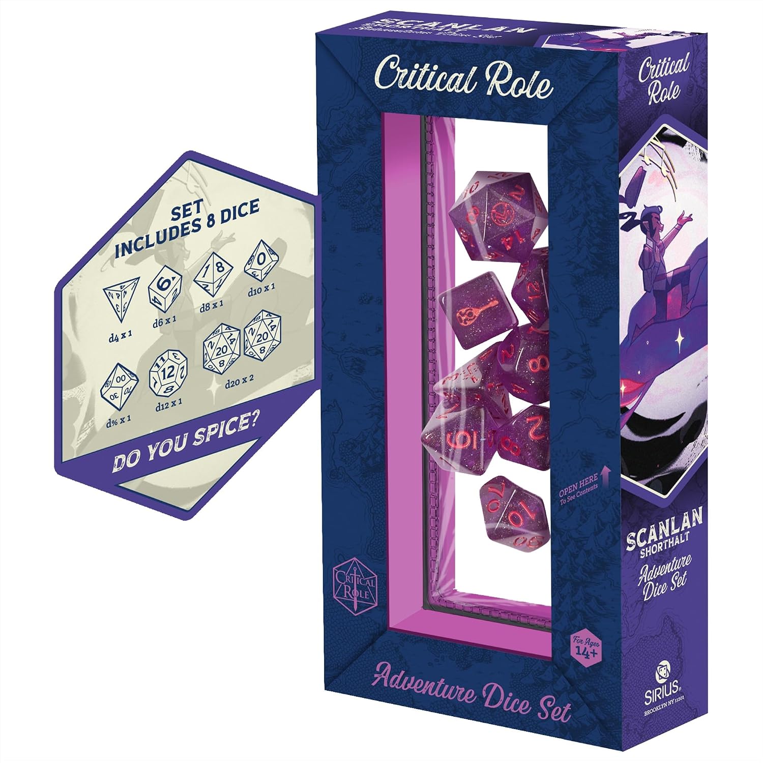 Critical Role: Vox Machina: Adventure Dice - Scanlan Shorthalt - 8pc RPG Set, Purple & Red, Character Symbols, Collectible Roleplaying Game Accessory