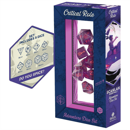 Critical Role: Vox Machina: Adventure Dice - Scanlan Shorthalt - 8pc RPG Set, Purple & Red, Character Symbols, Collectible Roleplaying Game Accessory