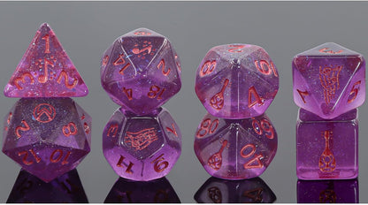 Critical Role: Vox Machina: Adventure Dice - Scanlan Shorthalt - 8pc RPG Set, Purple & Red, Character Symbols, Collectible Roleplaying Game Accessory