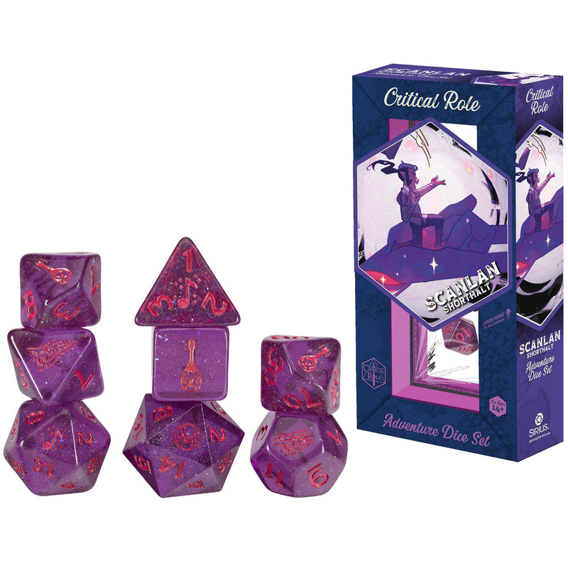 Critical Role: Vox Machina: Adventure Dice - Scanlan Shorthalt - 8pc RPG Set, Purple & Red, Character Symbols, Collectible Roleplaying Game Accessory