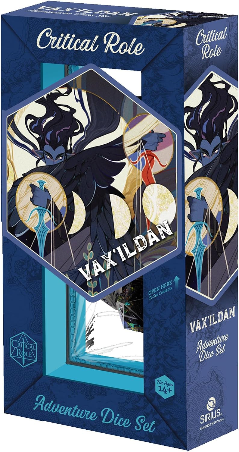 Critical Role: Vox Machina: Adventure Dice - Vex’ahlia - 8pc RPG Set, Blue & Clear, Character Symbols, Licensed Collectible Roleplaying Game Accessory