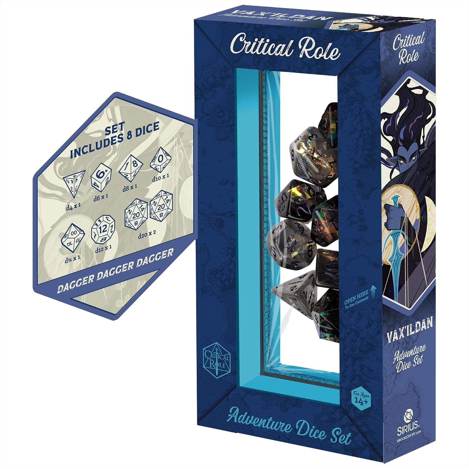 Critical Role: Vox Machina: Adventure Dice - Vex’ahlia - 8pc RPG Set, Blue & Clear, Character Symbols, Licensed Collectible Roleplaying Game Accessory