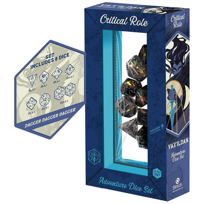Critical Role: Vox Machina: Adventure Dice - Vex’ahlia - 8pc RPG Set, Blue & Clear, Character Symbols, Licensed Collectible Roleplaying Game Accessory