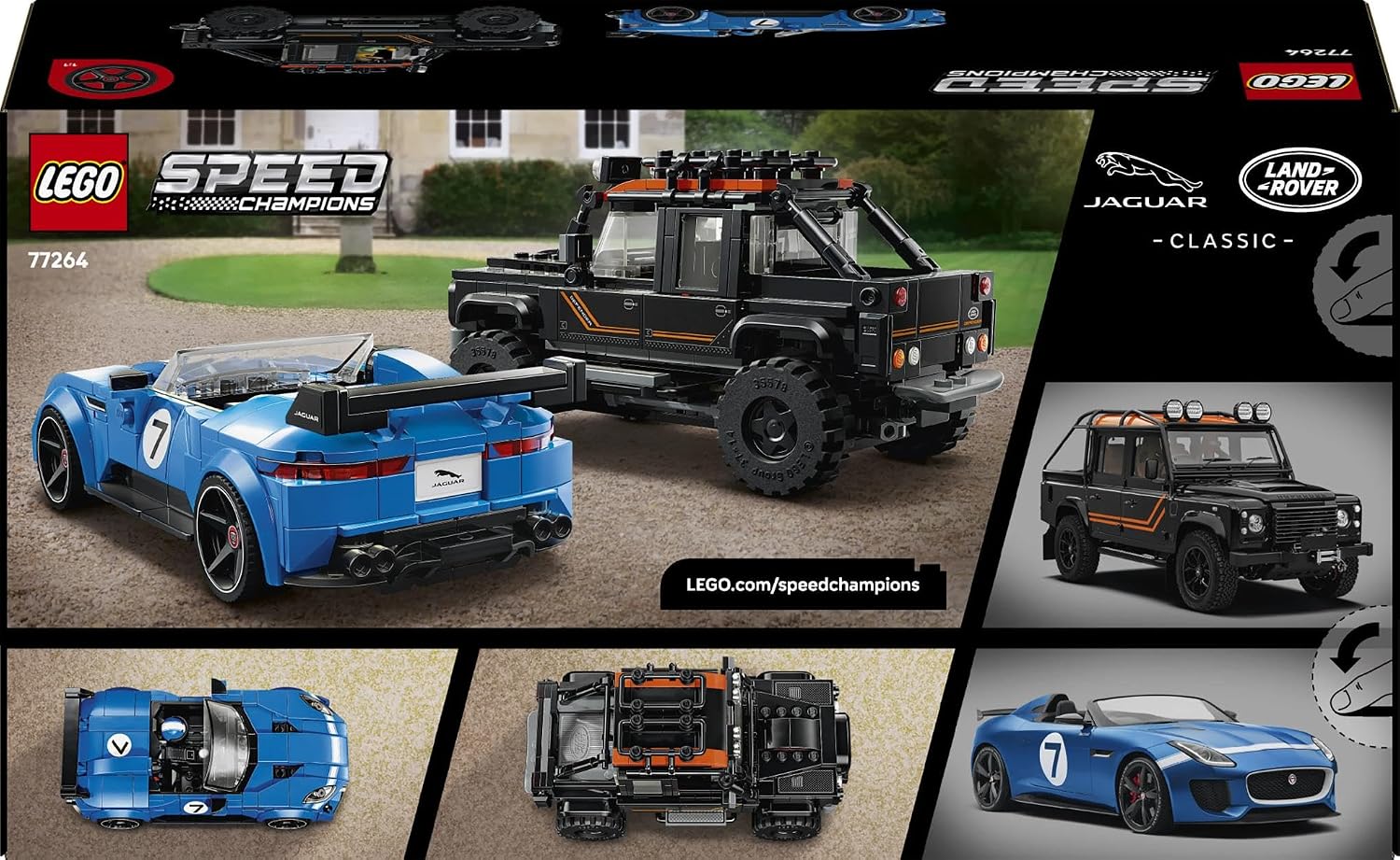 LEGO Speed Champions Jaguar Project 7 en Land Rover Defender - Auto Speelgoed voor Kinderen vanaf 10 Jaar met 2 Auto's en 2 Minifiguren - Kinderkamer Decoratie - Cadeau voor Jongens en Meisjes - 77264