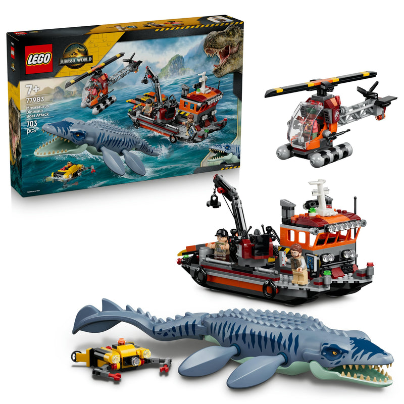 LEGO Jurassic World Mosasaurus Bootaanval - Dinosaurus Speelgoed voor Kinderen Vanaf 7 Jaar - Bouwpakket met 3 Minifiguren en Voorgevormd Dino Model - Cadeau voor Jongens en Meisjes 77983