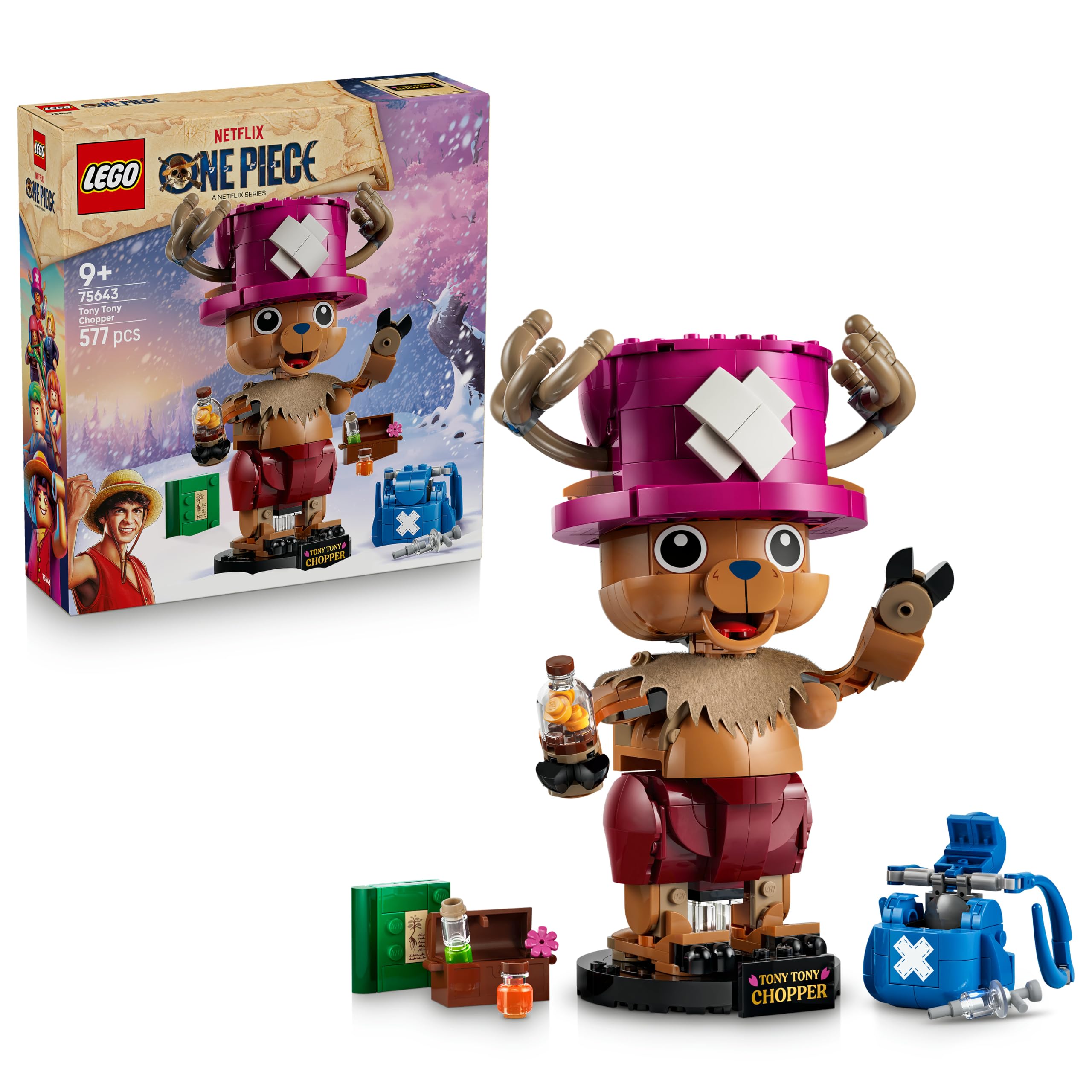 LEGO ONE PIECE Tony Tony Chopper Figuur – Verzamelbaar Speelgoed voor Kinderen met Accessoires – Schattige Kinderkamer Decoratie – Cadeau voor Jongens en Meisjes vanaf 9 Jaar en Fans – 75643