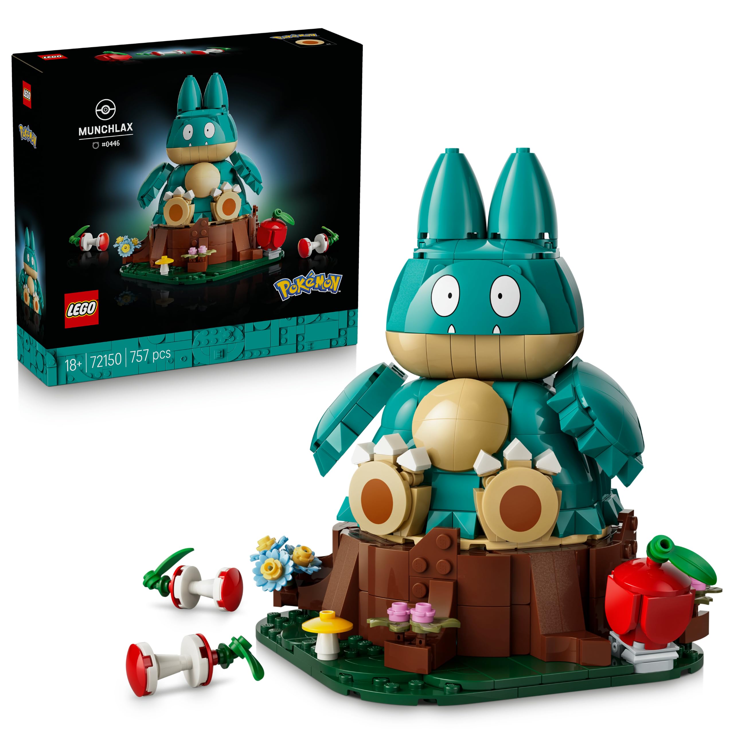 LEGO Pokémon Munchlax - Verzamelbaar Dieren Figuur met Boomstam, Appel en 2 Klokkenhuizen - Woondecoratie en Kantoor Decoratie - Bouwpakket voor Volwassenen - Cadeau voor Mannen en Vrouwen 72150