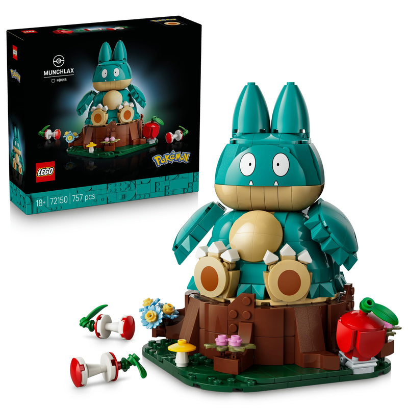 LEGO Pokémon Munchlax - Verzamelbaar Dieren Figuur met Boomstam, Appel en 2 Klokkenhuizen - Woondecoratie en Kantoor Decoratie - Bouwpakket voor Volwassenen - Cadeau voor Mannen en Vrouwen 72150