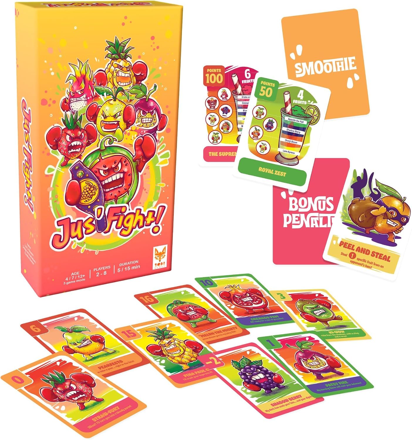 Topi Games | Jus' Fight | Card Game, Fast Paced Family Strategy Game With Fruit Battles And Special Action Cards | 2 To 8 Players | 15 Minutes