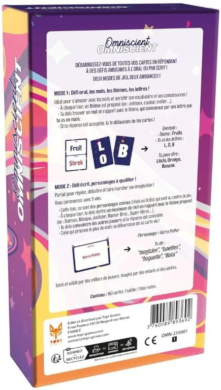 Topi Games Omniscient Card Game, English Edition | Two oral and written challenge modes for 2-8 players, ages 10+, with 160 cards, hourglass and notepad.