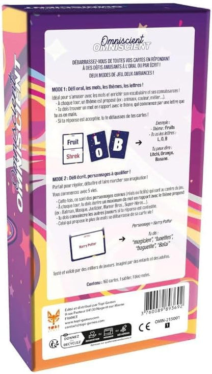 Topi Games Omniscient Card Game, English Edition | Two oral and written challenge modes for 2-8 players, ages 10+, with 160 cards, hourglass and notepad.