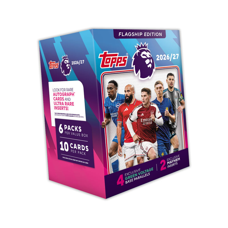 Topps Flagship Premier League 2026/27 Trading Cards - Value Box | The Value box contains 60 cards with 4 Green Voltage base parallels and 2 exclusive Mayhem inserts per box.