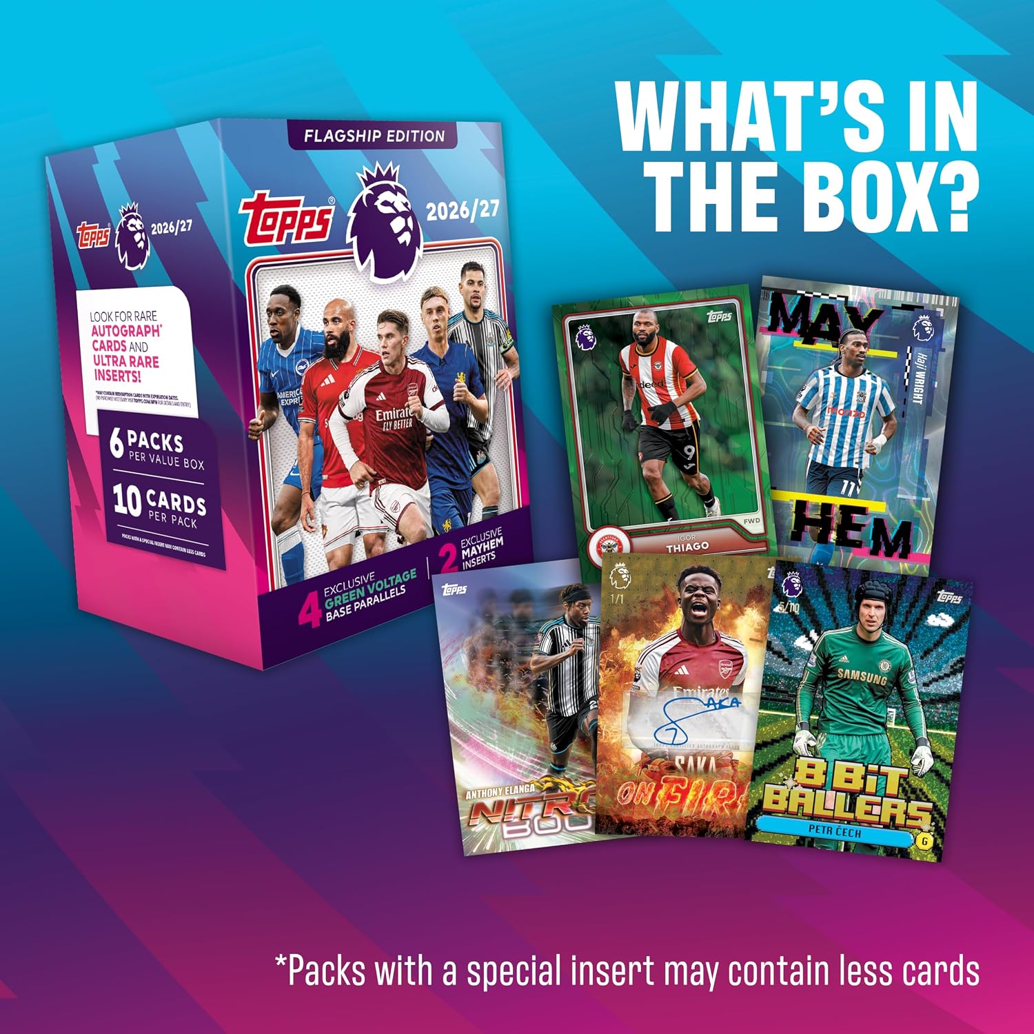 Topps Flagship Premier League 2026/27 Trading Cards - Value Box | The Value box contains 60 cards with 4 Green Voltage base parallels and 2 exclusive Mayhem inserts per box.