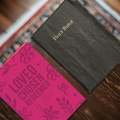 Kerusso - Loved Chosen Redeemed by Jesus - 8.4 x 5.5 Inch Soft Touch Faux Leather - Composition Journal Notebook, Fuchsia Pink