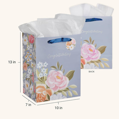 Christian Art Gifts Large Portrait Inspirational Gift Bag, Tag & Wrapping Tissue Paper Set for Women: Congratulations, Weddings, Graduations, Cute Satin Ribbon Handles, Pastel Blue Multicolor Floral