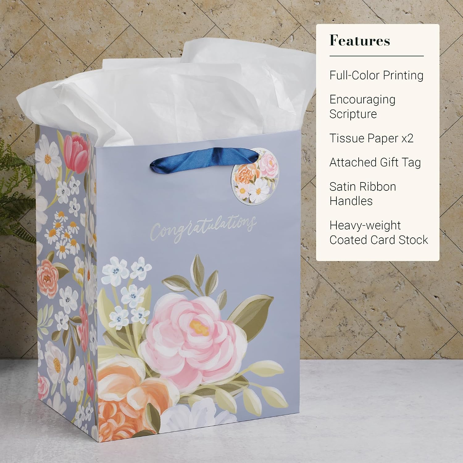 Christian Art Gifts Large Portrait Inspirational Gift Bag, Tag & Wrapping Tissue Paper Set for Women: Congratulations, Weddings, Graduations, Cute Satin Ribbon Handles, Pastel Blue Multicolor Floral