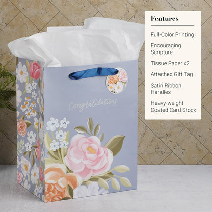 Christian Art Gifts Large Portrait Inspirational Gift Bag, Tag & Wrapping Tissue Paper Set for Women: Congratulations, Weddings, Graduations, Cute Satin Ribbon Handles, Pastel Blue Multicolor Floral