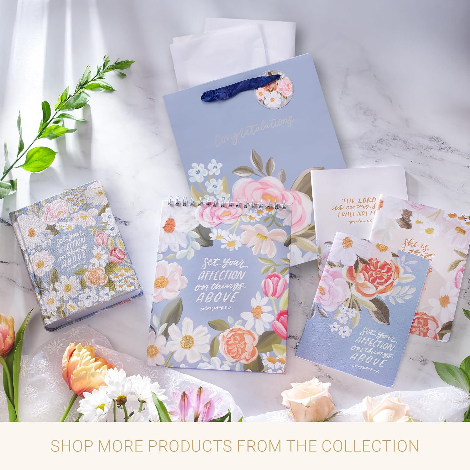Christian Art Gifts Large Portrait Inspirational Gift Bag, Tag & Wrapping Tissue Paper Set for Women: Congratulations, Weddings, Graduations, Cute Satin Ribbon Handles, Pastel Blue Multicolor Floral