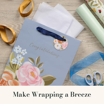Christian Art Gifts Large Portrait Inspirational Gift Bag, Tag & Wrapping Tissue Paper Set for Women: Congratulations, Weddings, Graduations, Cute Satin Ribbon Handles, Pastel Blue Multicolor Floral