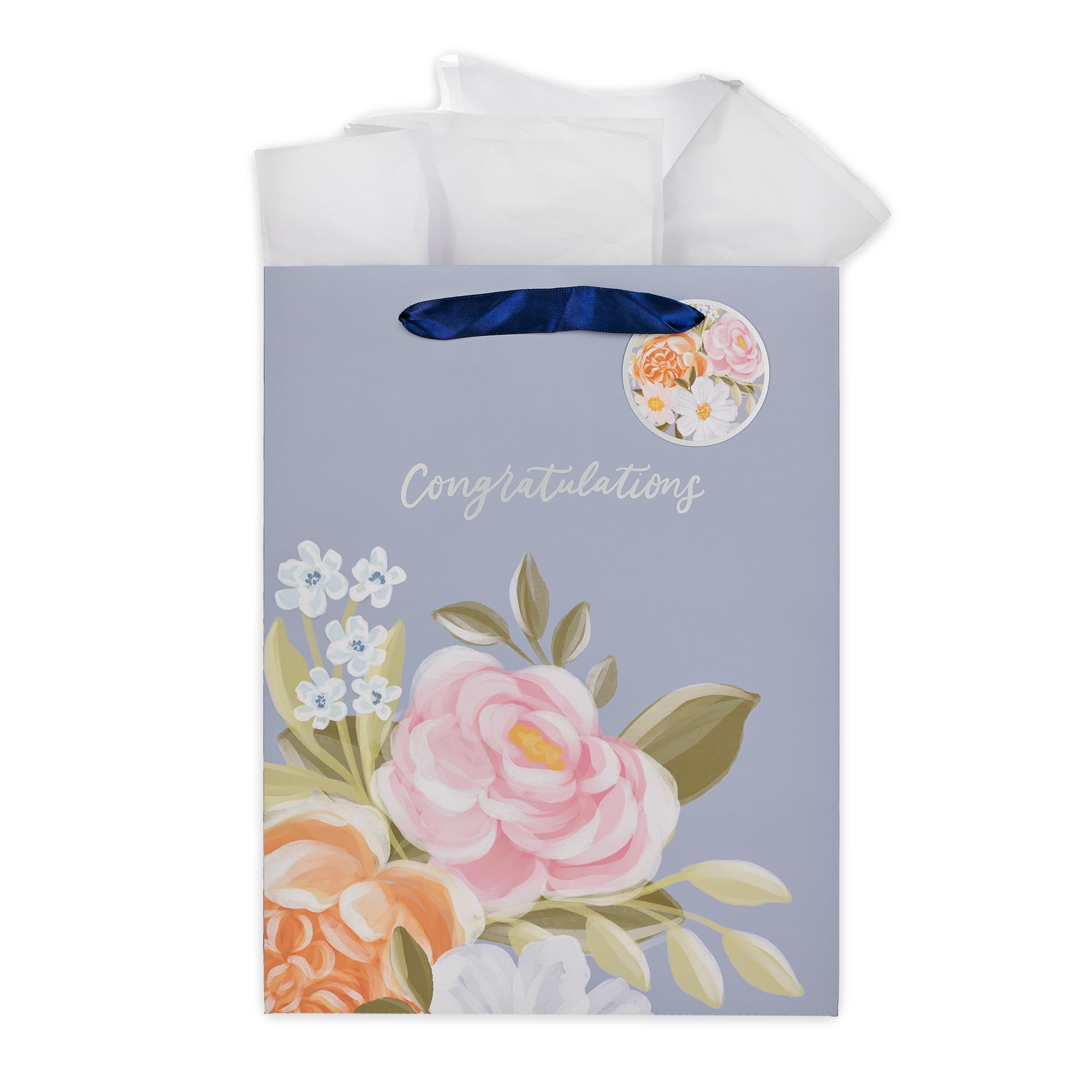 Christian Art Gifts Large Portrait Inspirational Gift Bag, Tag & Wrapping Tissue Paper Set for Women: Congratulations, Weddings, Graduations, Cute Satin Ribbon Handles, Pastel Blue Multicolor Floral