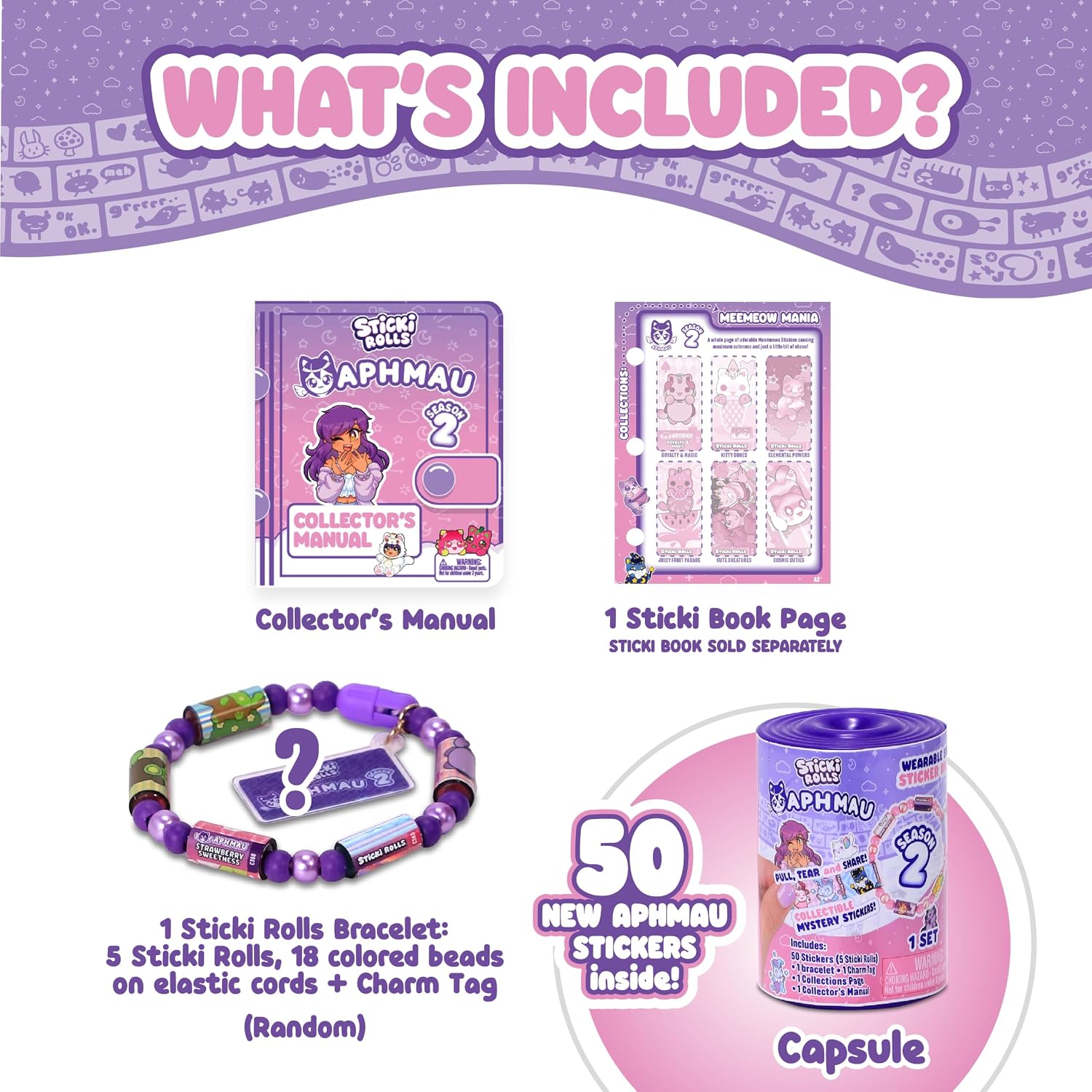 Sticki Rolls X Aphmau S2 Capsules - Surprise Blind Pack, Includes 50 Stickers, Custom Bracelet & Charm, Kawaii Collectable Fun
