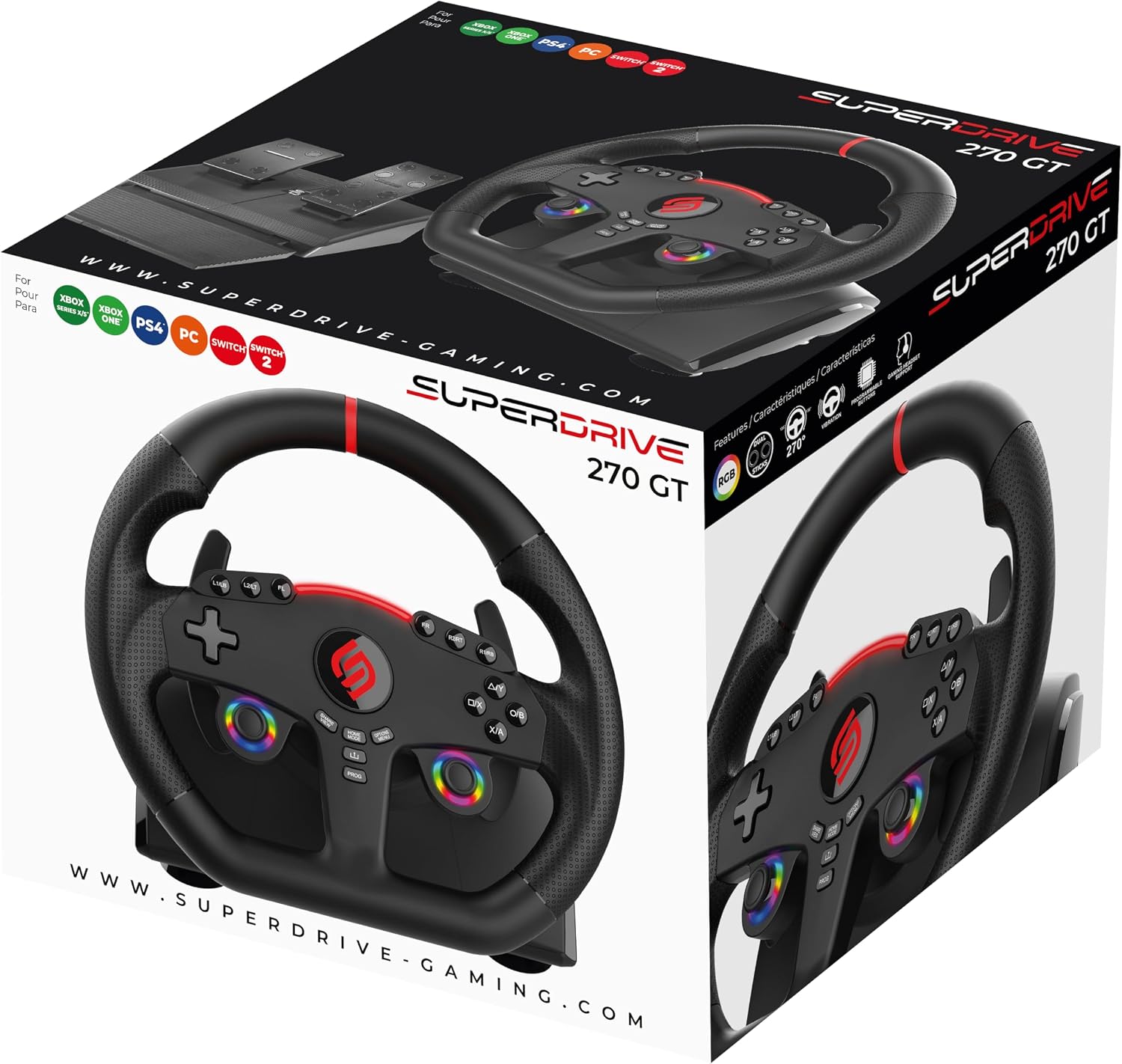 Subsonic Superdrive 270 GT Racing Wheel Xbox Series Switch 2/Switch PS4 PC | Steering Wheel, Dual Joysticks, Pedals, Gear Shifter for GTA 6 & Farming Simulator - Vibration, Diameter 27 cm, Rotation 270°