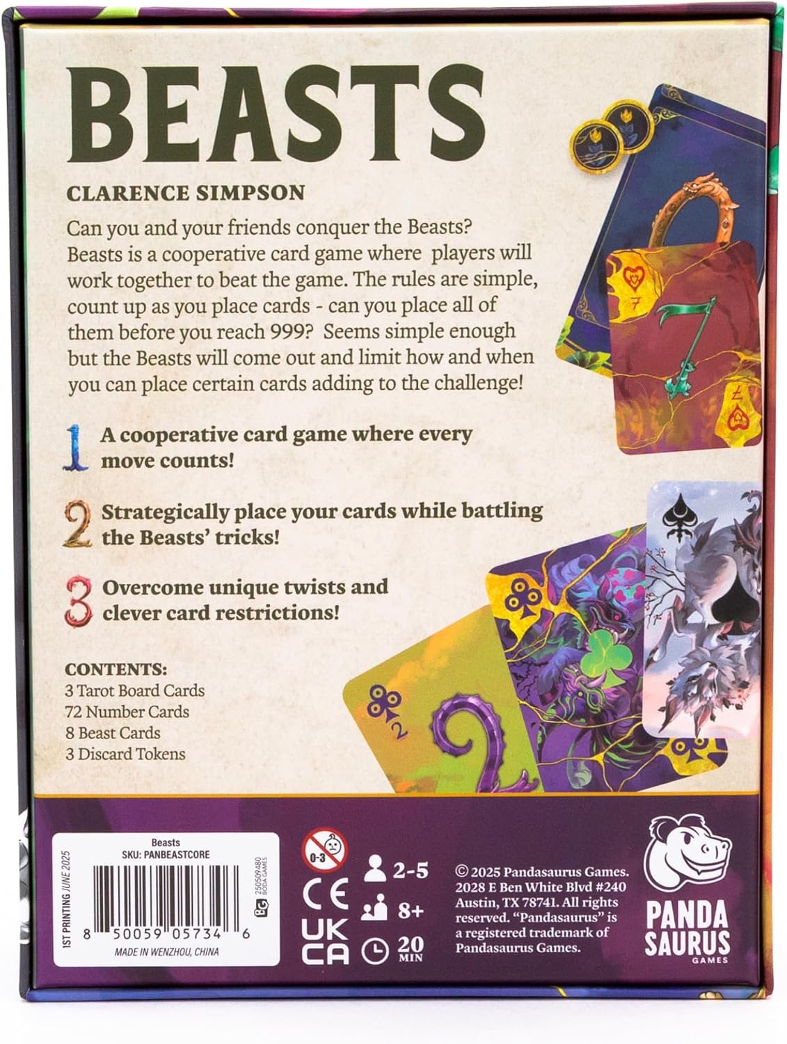 Pandasaurus Games | Beasts | Cooperative Number Climbing Suit Selection Obstacle Cards Logic Strategy Card Game | 2 To 6 Players | 20 To 30 Minutes