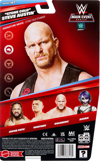 Mattel WWE “Stone Cold” Steve Austin Action Figure, Main Event Series #167, 6-inch Collectible Superstar with 14 Articulation Points & Life-Like Look