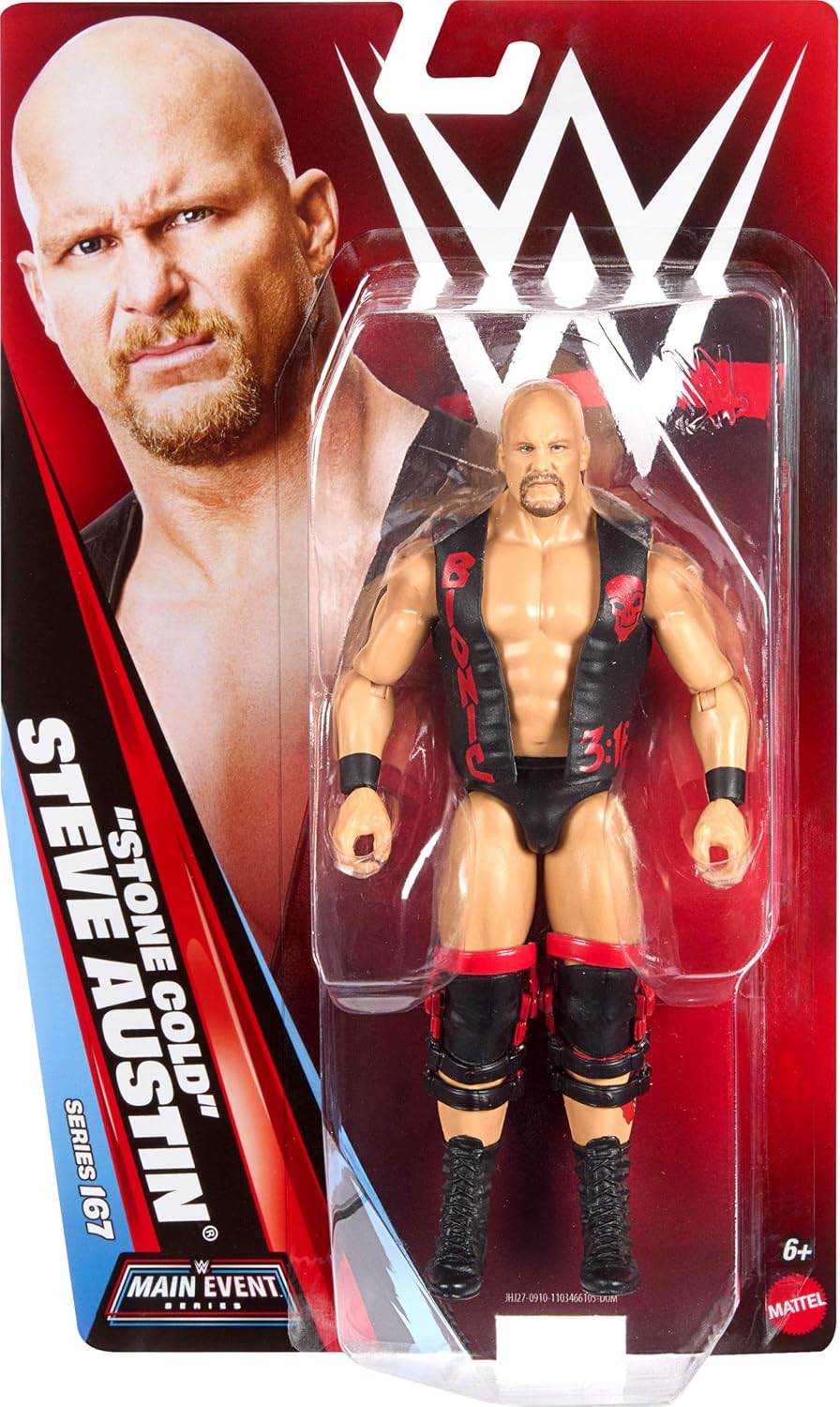 Mattel WWE “Stone Cold” Steve Austin Action Figure, Main Event Series #167, 6-inch Collectible Superstar with 14 Articulation Points & Life-Like Look