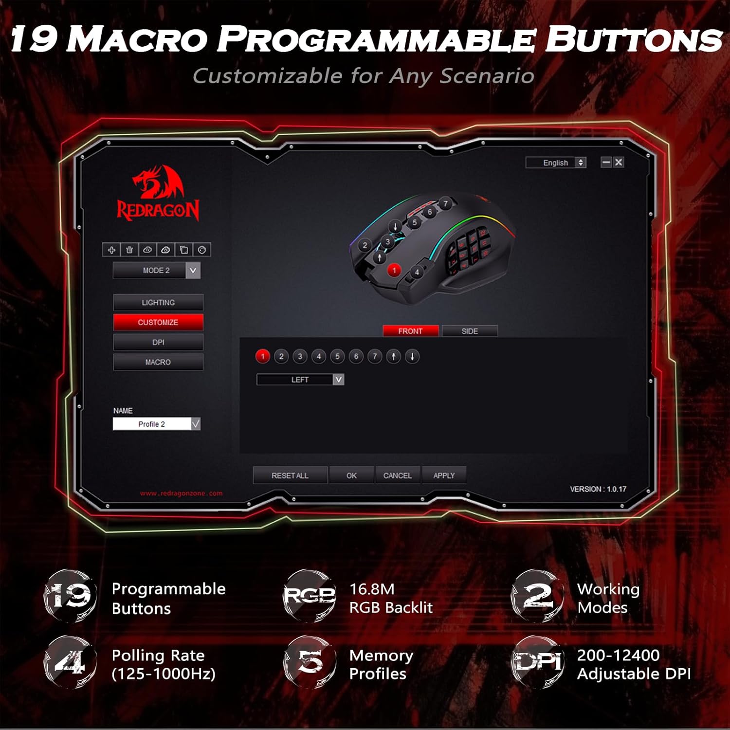 Redragon M901 Perdition MMO Wired Gaming Mouse, 19 Buttons, 12400 DPI