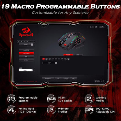 Redragon M901 Perdition MMO Wired Gaming Mouse, 19 Buttons, 12400 DPI
