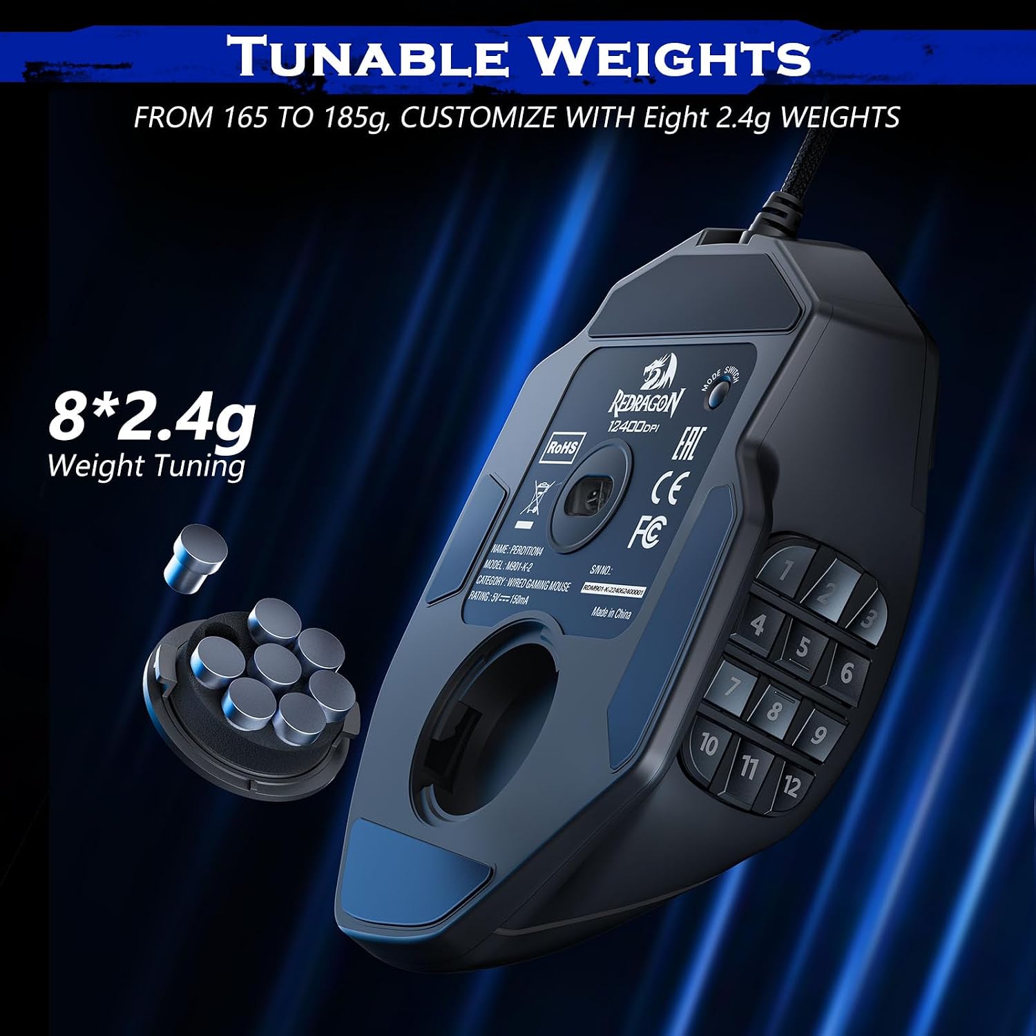 Redragon M901 Perdition MMO Wired Gaming Mouse, 19 Buttons, 12400 DPI