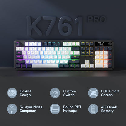 Redragon K761 PRO Wireless 104-Key Gasket Gaming Keyboard, Screen & Knob | Easy-Control LED Info Display, 0-Delay Tri-Mode, Cushioned 5-Layer Noise Dampening for Creamy Thocky Sound, Standard 104 keys
