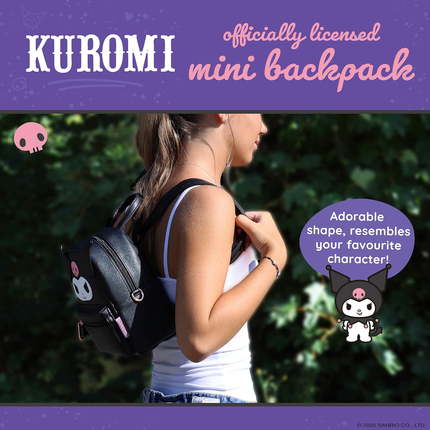 Blue Sky Studios Hello Kitty Mini Rucksack, kleine Kawaii Reisetasche mit verstellbaren Trägern, süße Geschenke Merchandise und Zubehör, Kuromi