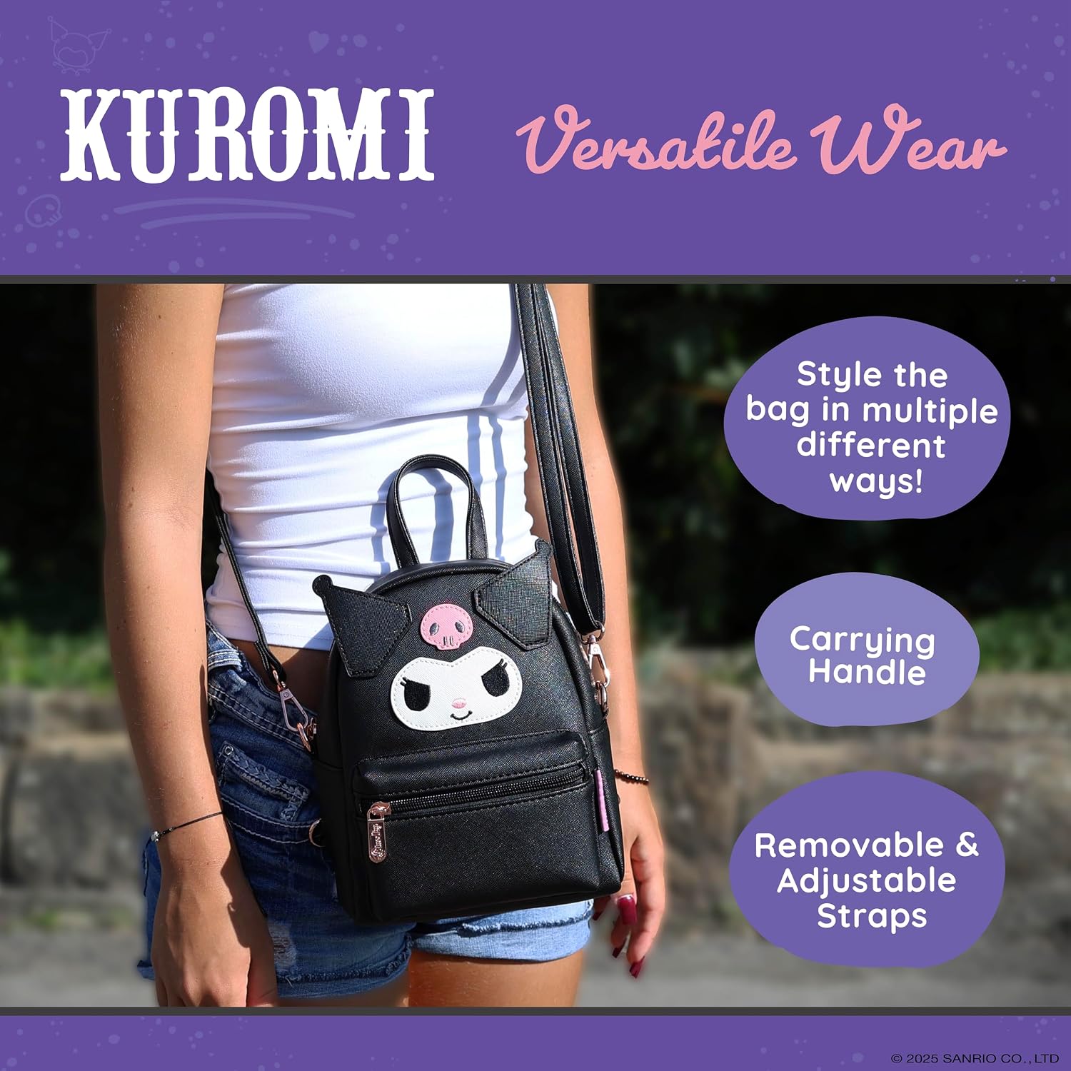 Blue Sky Studios Hello Kitty Mini Rucksack, kleine Kawaii Reisetasche mit verstellbaren Trägern, süße Geschenke Merchandise und Zubehör, Kuromi
