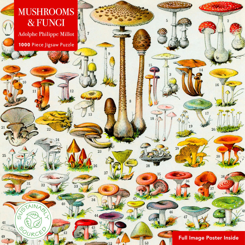 Adult Sustainable Jigsaw Puzzle Mushrooms & Fungi by Adolphe Philippe Millot: 1000-pieces. Ethical, Sustainable, Earth-friendly