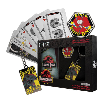 FaNaTtik Jurassic Park Dino Gift Set – Keyring, Pin Badge & Playing Cards, Official Merchandise Collectibles, Dinosaur Gift Set for Fans, Collectors & Movie Lovers