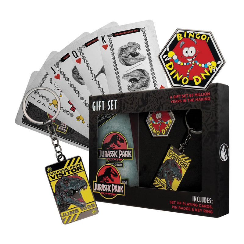 FaNaTtik Jurassic Park Dino Gift Set – Keyring, Pin Badge & Playing Cards, Official Merchandise Collectibles, Dinosaur Gift Set for Fans, Collectors & Movie Lovers